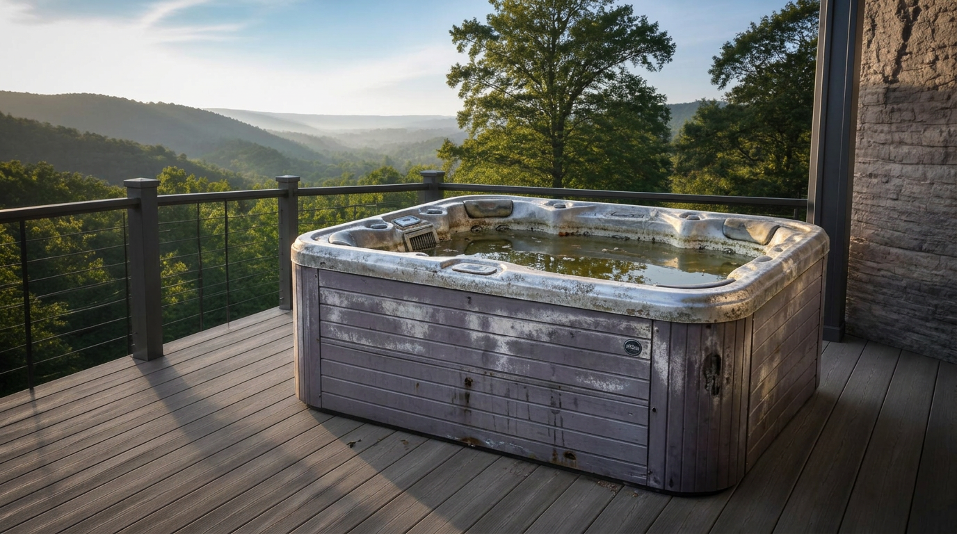 An old, weathered hot tub sitting on a wooden deck overlooking the Smoky Mountain foothills, ready for removal